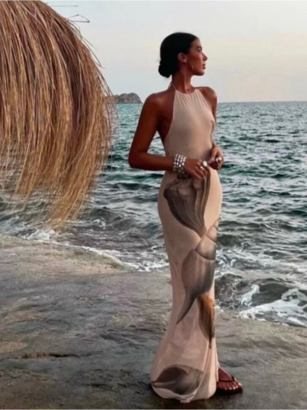 Blogger’s FAVORITE Zara Beige Halter Maxi Dress with Mermaid Shell Print